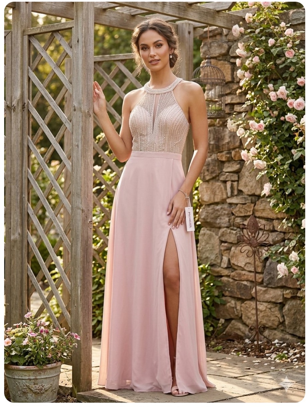 👗PromGirl blush Pink Beaded Halter Prom Gown